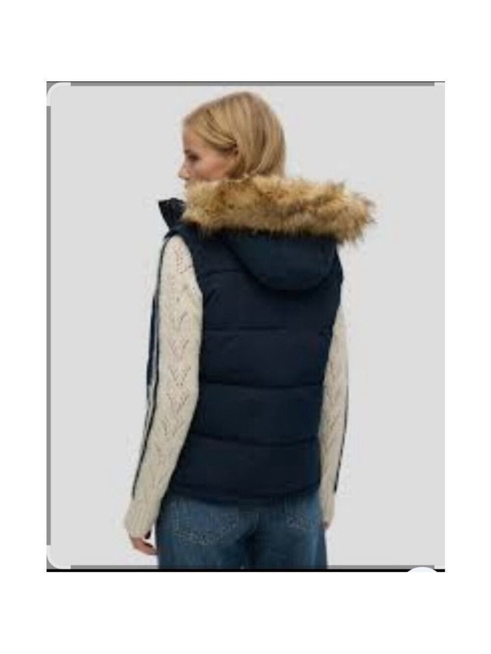 Women's Liz Claiborne Medium Petite Navy Puffer Vest w Removeable Faux Fur Hood